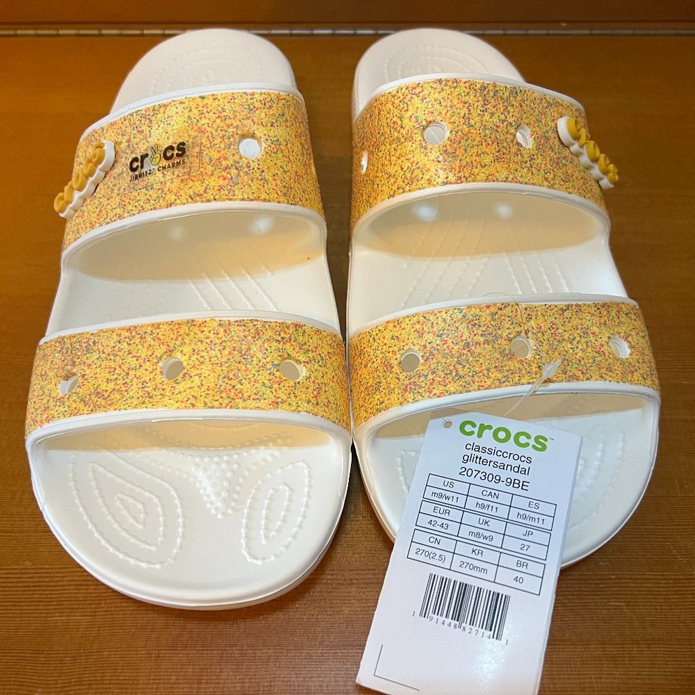 Crocs Classic Two-Strap Slide Sandals Orange Sorbet Glitter Womens 11 Mens 9